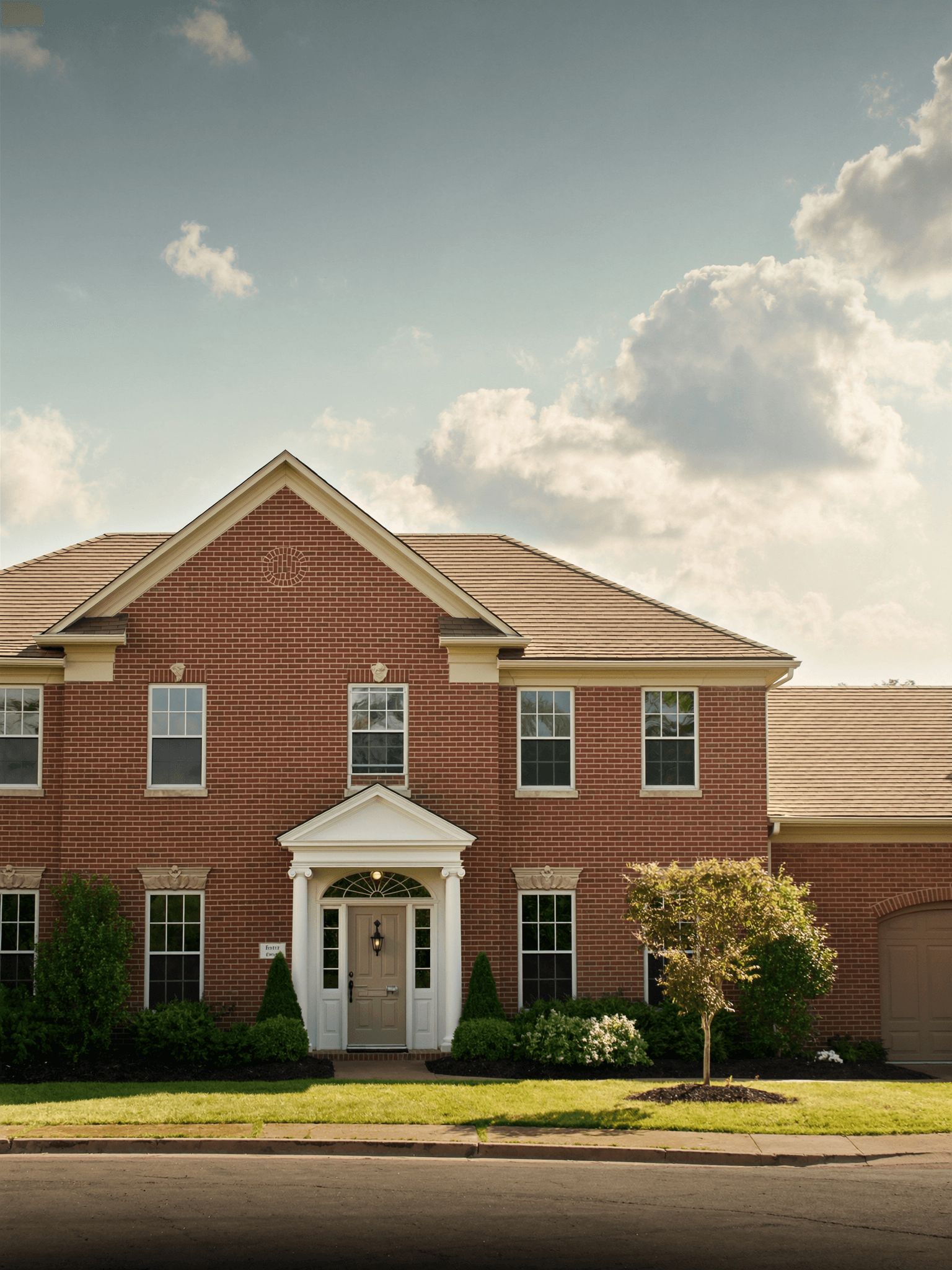 A classic brick colonial home with manicured landscaping
